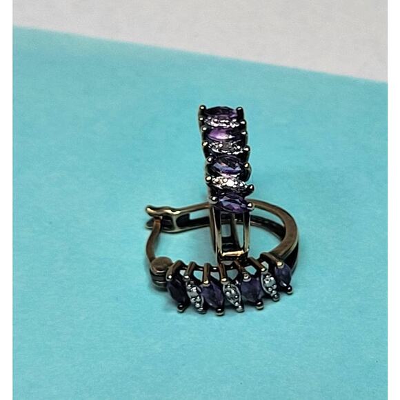 Sterling Silver 925 Marquise Cut Amethyst Diamond Chip Hoop Circle Earrings - Picture 6 of 11